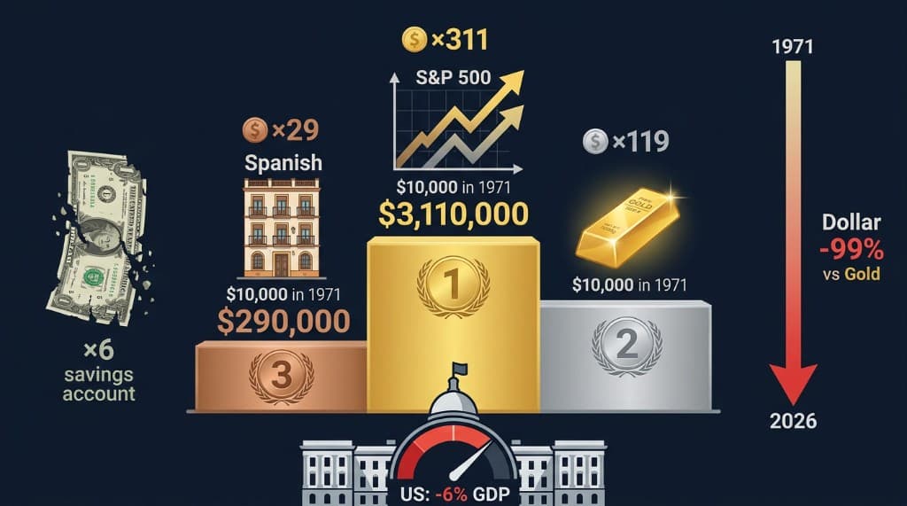 Since 1971: SP500 ×311, Gold ×119, Real Estate ×29, Savings Account ×6